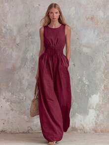 Women's Retro Casual Jumpsuit In Green With Ruffle, V-Neck And Sleeveless, Made Of Cotton And Linen - 酒紅色 - 查看 1