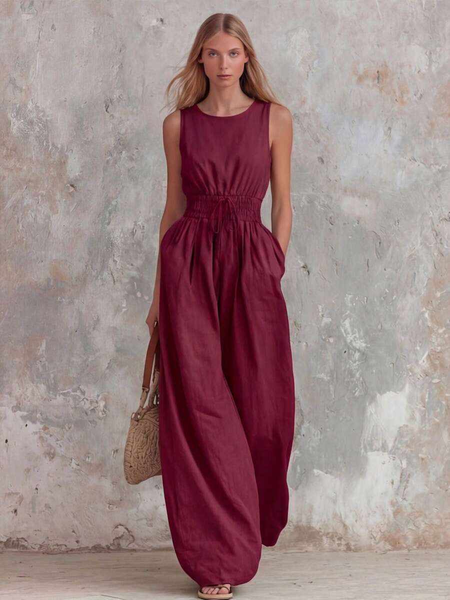 Women's Retro Casual Jumpsuit In Green With Ruffle, V-Neck And Sleeveless, Made Of Cotton And Linen - 酒紅色 - 查看 1