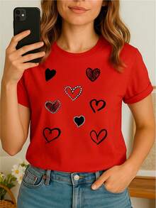 Women's 100% Cotton T-Shirt, Soft And Comfortable With Short Sleeves And Round Neck With A Heart Design And Different Textures For Valentine's Day Celebrations, February 14th. - [白色的] - 查看 4