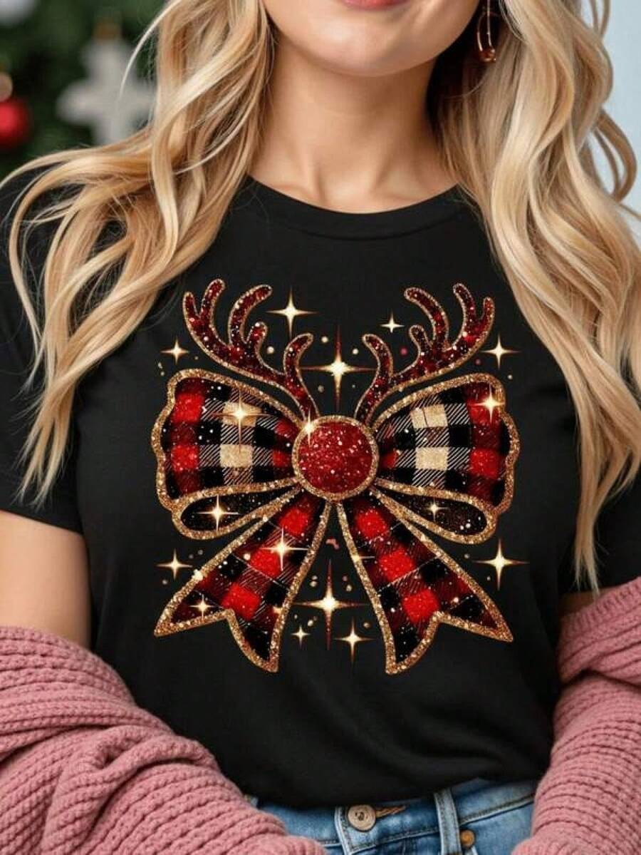 Camiseta de Navidad para Mujer con Estampado de Papá Noel y Reno - con Diseño Festivo Rojo y Verde, Transpirable, Holgada, Manga Corta, Cuello Redondo, Top Casual para, Atuendos de Fiesta de Navidad y Ropa Casual, Ropa de Navidad, Ropa Festiva, Tejido Cómodo, blusas de mujer, blusas para mujer, camisas de mujer, poleras mujer, tops de mujer, ropa para mujer, top mujer, playeras mujer 100% algodón, estilo Y2K Bababask - Negro - Ver 1