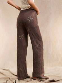 Pantalones rectos holgados de estilo bohemio con patrón de cuentas en color marrón para mujer, de verano - Marrón - Ver 7