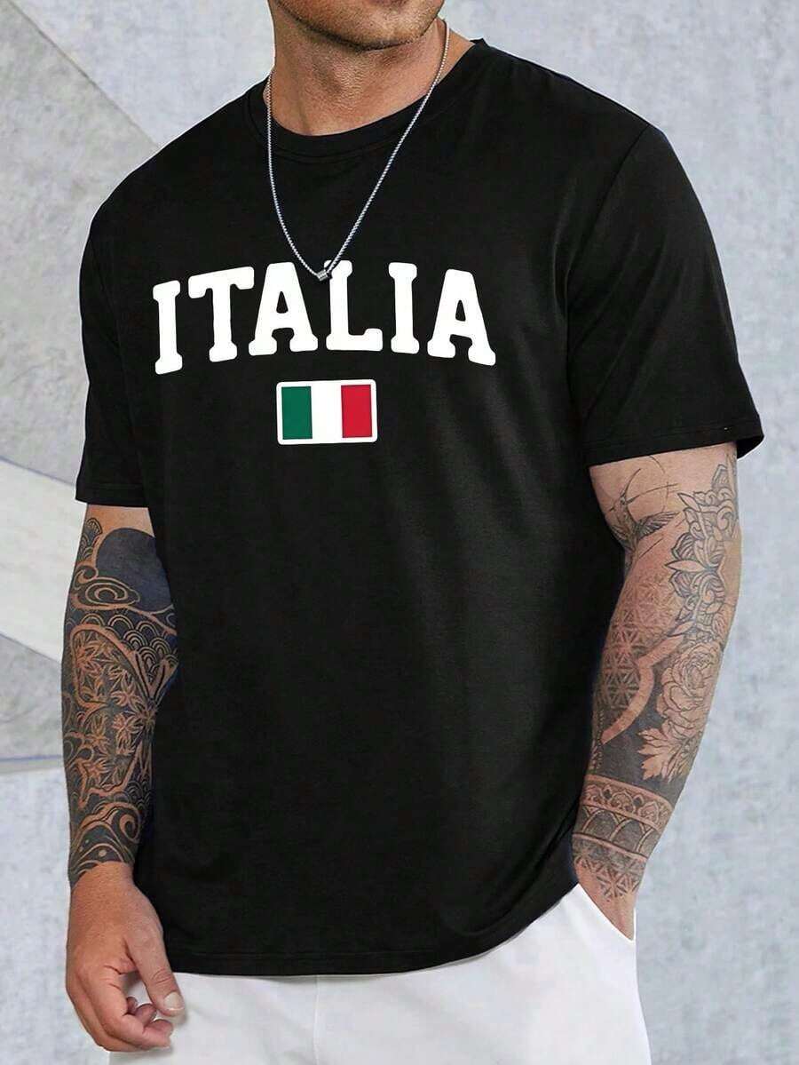 Men's Large Shirt With Italian Flag - ITALY Print With Italian Flag Colors And National Emblem, Crew Neck And Short Sleeves, Italian Pride, Casual Wear And Themed Events, Ideal As A Gift. Women's T-Shirt. Elegant. Bohemian Style. Soft, Breathable, And Comfortable Garment, Perfect For Spring, Summer, And Autumn; Ideal For Vacations, Travel, And Everyday Wear. Perfect For Watching A Game. - 黑色 - 查看 1