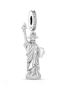 1 Set 925 Sterling Silver Travel & Patriotic Theme Pendant Set, Including Map, Statue Of Liberty And Black Cubic Zirconia Flower Pendant, Suitable For Bracelet, Hypoallergenic Jewelry Gift - Silver - View 7