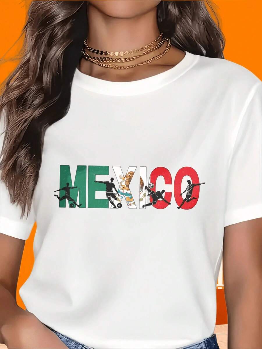 Women's T-Shirt With Mexican Flag And Sporty Design, Short Sleeve, Round Neck, Casual, Suitable For Spring And Summer. - 白色 - 查看 1