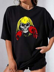 Conjuntos de mujer Boxing Cool Skull Boxer Camiseta de mujer 100% poliéster talla grande, informal, divertida, con estampado gráfico, manga corta, 1 pieza, cuello redondo, novedosa, playeras de mujer - Negro - Ver 7