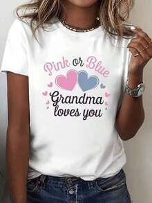 Camiseta Casual de Cuello Redondo para Mujer con Estampado Gráfico "Pink Or Blue Grandma Loves You", Top de Poliéster con Patrón Geométrico, Largo Regular, Cómoda para Todas las Temporadas - Moda de Verano y Primaverablusas para mujer>camisa - Blanco - Ver 7