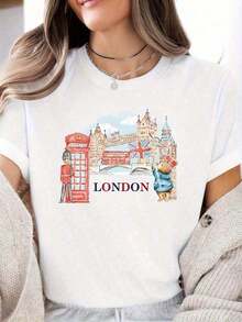 Vintage Fashionable Women's T-Shirt, Ladies' Holiday Wear: Printed T-Shirt, White, With Gold Wavy Patterns, Colorful London Logo Designs (Red Telephone Box, British Military Sentry, Cartoon Bear, Union Jack, Tower Bridge, Large Clock), Eye-Catching "LONDON" Lettering In Blue And Red, Cotton, Casual, Summer, Breathable, Perfect For Travel Or Everyday Wear. Vintage 100% Cotton T-Shirt With Fun Design For Summer Holidays, Women's Basic T-Shirt Top - 白色 - 查看 6