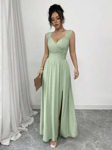 Vestido largo con cuello en V de encaje elegante francés, cintura fruncida y abertura lateral en estilo A, color caqui, adecuado para uso diario, banquetes, bodas, primavera/verano - verde menta - Ver 7