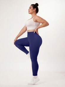 NcmRyu 1pc Women's Solid Color Ruched Waist Slim Fit Plus Size Sports Pants - Navy Blue - View 10