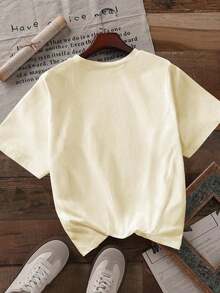Cómodo Camiseta de manga corta con cuello redondo y estampado vintage para mujer, informal, para vacaciones de verano, playeras de mujer algodon, blusa casual mujer,  mujer - Albaricoque - Ver 2