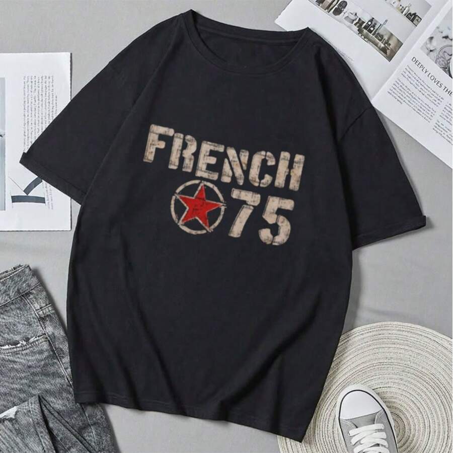 Camiseta French-75-crust con estampado de estilo anime, manga corta, unisex, estilo urbano de verano. - Negro - Ver 1
