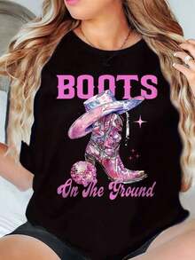 2026Boots On The Ground Camiseta de Mujer con Estampado de Bota y Sombrero de Vaquero Rosa, Cuello Redondo, Uso Casual Diario, 220gcool - Negro - Ver 6