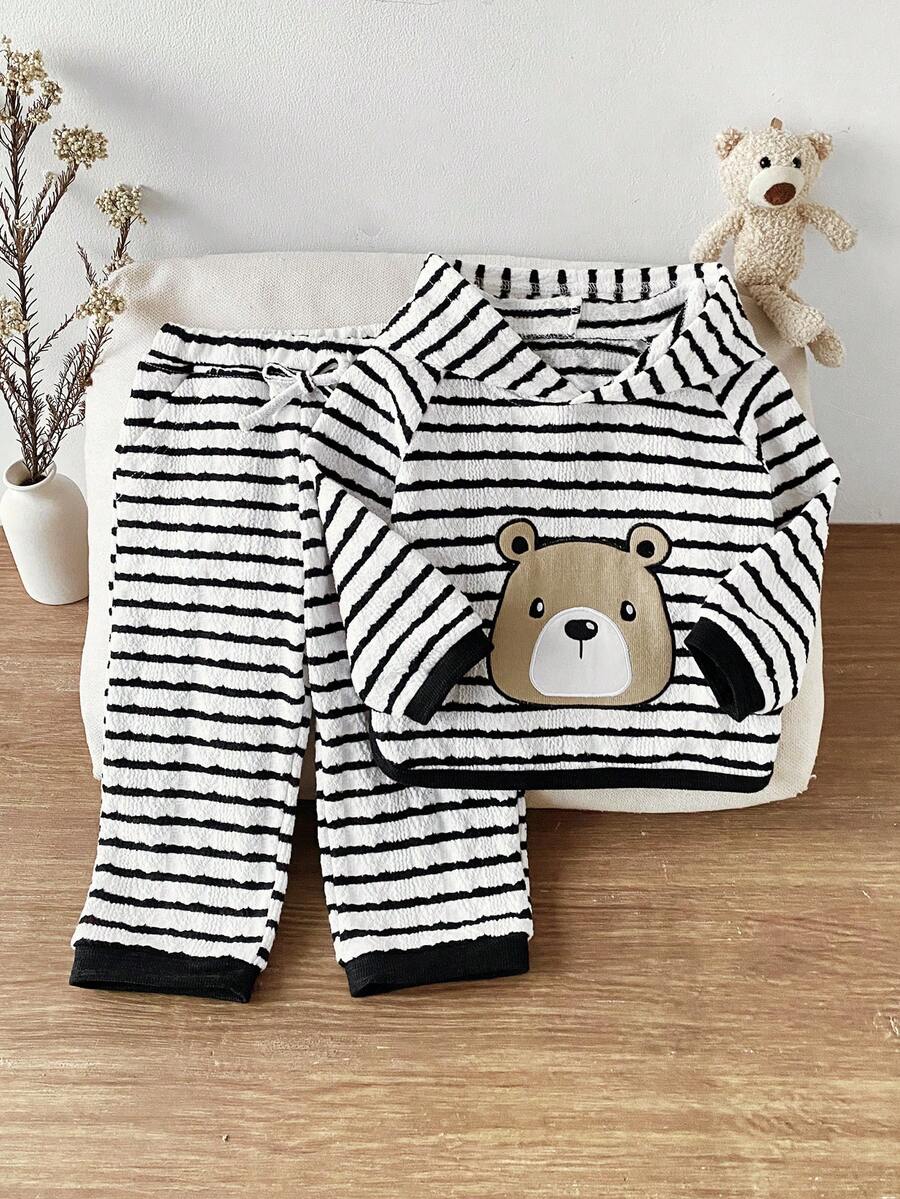 2pcs/Set Baby BoyStriped Bear Hoodie Sweatshirt & Cartoon Print Pants Set - Black and White - View 1