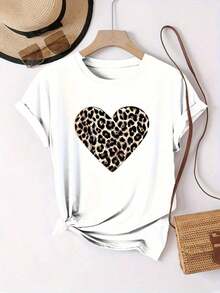 Camiseta Casual de Mujer con Estampado de Corazón de Leopardo - Manga Corta, Cuello Redondo, Lavable, Camiseta de Moda para Primavera, Verano y Otoño, Camisetas para Damas, Versatilidad Estacional - Estilo Vintage Urbano, Camiseta Unisex Holgada de Algodón de Manga Corta y Cuello Redondo - Blanco - Ver 5