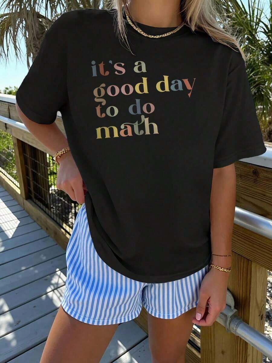 Women's Short-Sleeve Round-Neck T-Shirt, 100% Polyester Fiber, Machine Washable, Easy To Care For, Casual Pattern With Colorful Letter Prints, Fun Math-Themed Design, Minimalist Casual Shirt Summer New Style Top For Daily Wear And Travelplayeras de mujer - Negro - Ver 1
