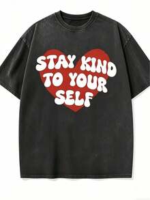 1 camiseta vintage de hombre de 180g, en un tono rosa claro, decorada con un patrón de corazón con la frase "BE KIND", prelavada para mayor comodidad, adecuada para uso diario y al aire libre, lavable a máquina, apta para todas las estaciones - el regalo perfecto para él. 180g 100% Algodón. - Negro - Ver 1