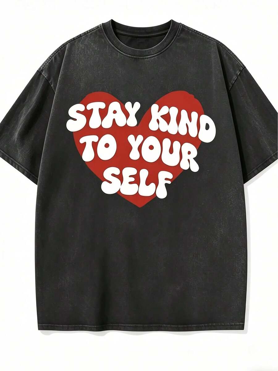 1 camiseta vintage de hombre de 180g, en un tono rosa claro, decorada con un patrón de corazón con la frase "BE KIND", prelavada para mayor comodidad, adecuada para uso diario y al aire libre, lavable a máquina, apta para todas las estaciones - el regalo perfecto para él. 180g 100% Algodón. - Negro - Ver 1