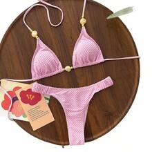 Nuevo Bikini de Dos Piezas para Mujer 2026, Sexy, de Color Sólido, con Cuello Halter y Adornos de Cuentas, para Playa - z26063 Rosa - Ver 6