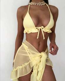 New Bikini Swimsuit With Pleated Mesh Skirt - 黃色 - 查看 12