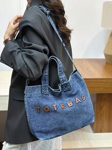 New Casual Chic Washed Jeans Tote Bag: Fashionable Letter-Embellished Handbag-Versatile, Spacious Shoulder Bag Perfect For Work, Commuting, Shopping - Blue - View 6