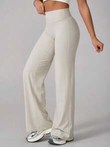 2026 TimeOff 1 pieza Pantalones deportivos de mujer minimalistas con cintura elástica, estampado de letras, pierna recta y ancha, efecto levantador V-Shape, primavera - Albaricoque - Ver 7