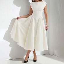 Women's Boat Neck Cap Sleeve Midi Dress, Corset Waist A-Line Flare Dress, Elegant Formal & Bridesmaid Dress - 白色 - 查看 8