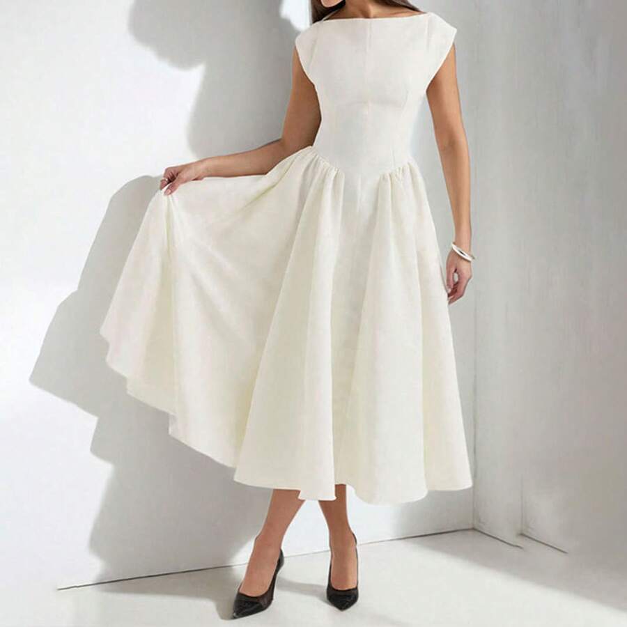Women's Boat Neck Cap Sleeve Midi Dress, Corset Waist A-Line Flare Dress, Elegant Formal & Bridesmaid Dress - 白色 - 查看 1