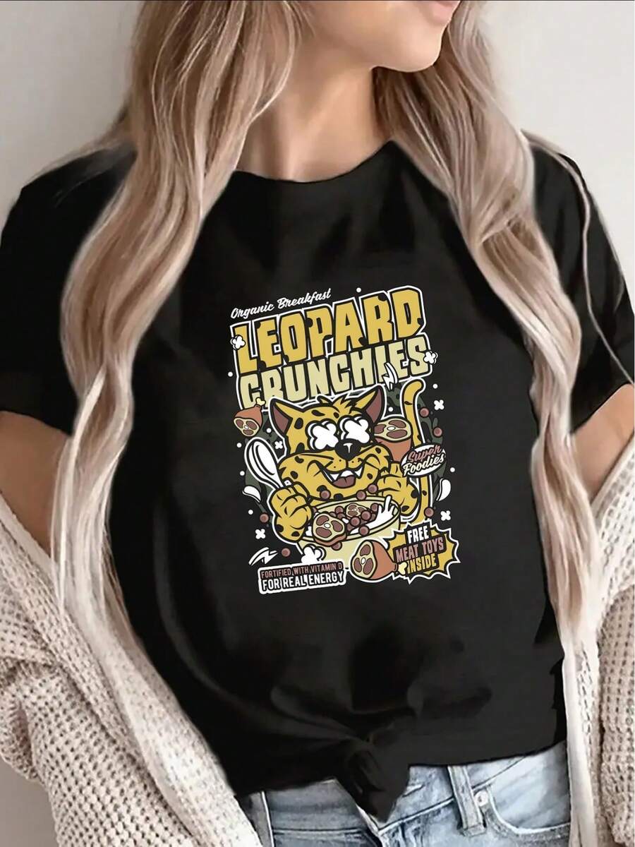 Short-Sleeved T-Shirt, Adorned With A Striking Leopard Print And A Cartoon Cat Print - Black Crew Neck Top, Can Be Paired With A Cardigan. | Machine Washable, Comfortable Fit, Suitable For Everyday Casual Wear - Easy To Match With Other Garments. - 黑色 - 查看 1