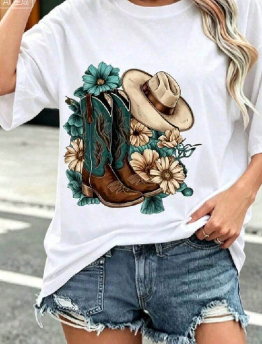 short-sleeveBlusas>Bonito Women's-fashionCamiseta playera gráfica dama mujer manga corta cuello redondo casual cómoda fresca ligera moderna juvenil corte regular estampado botas vaqueras flores flor floral sombrero femenina cowboyNew loose and versatile top 100% Cotton Blusas Para Mujer Casual100% Cotton - Blanco - Ver 1