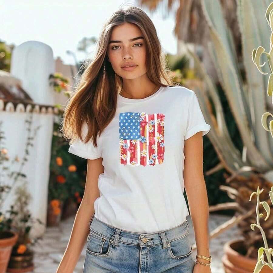 permeabilityCamiseta con estampado floral de la bandera estadounidense, estilo vintage, gráfica patriótica, regalo del Día de la Independencia, moda de verano.C-AmiS-eta 100 % aL-Godón de 220 g para mujer A-Juste feM-enino y cómodo. Transpirable. Apto para todas las perS-onas, ya sean mujeres o hombres. Tejido duradero de alta C-Alidad apto para todas las costuR-AS, suave al tacto pero diseñado para durar. Tops transpirables para mujer, conjuntos de otoño para mujer, conjuntos de vaC-Aciones, disfraces de Halloween para mujer.spacious - Blanco - Ver 1