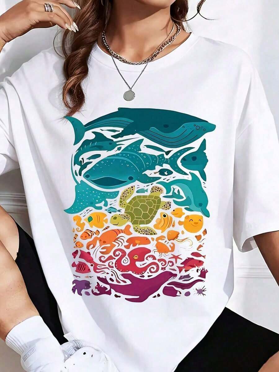 Camiseta de ajuste holgado con estampado gráfico de criaturas marinas, es una camiseta perfecta para regalar a amigos y familiares en cualquier fiesta u ocasión festiva, 220g - Blanco - Ver 1