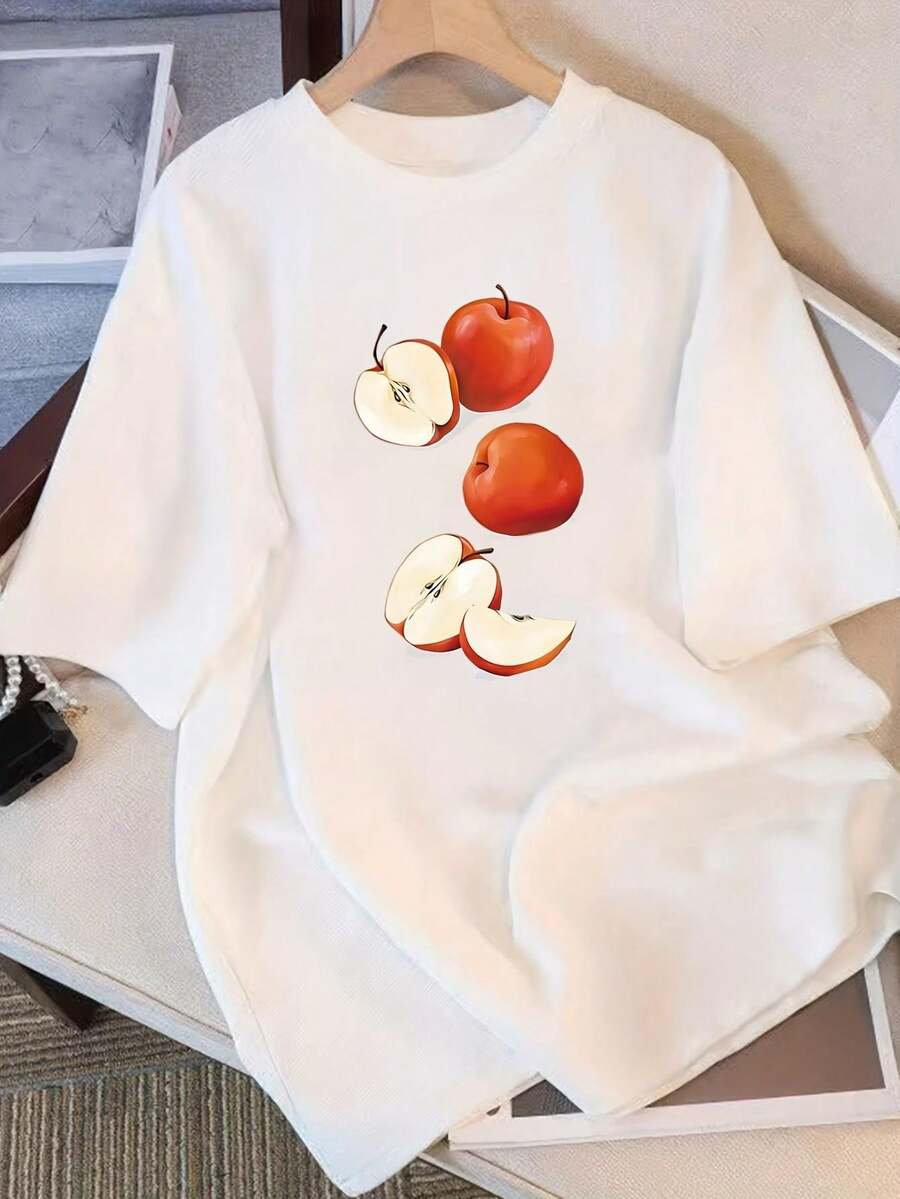 Camiseta de Mujer de Algodón Puro, de Manga Corta, Diseño de Nicho y Estampado, Estilo Minimalista Casual, Novedad de Verano, Top Holgado de Media Manga para Mujer, Blusa para Salir. - Blanco - Ver 1