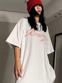 Spring/Summer Fashion: A Short-Sleeved, Crew-Neck T-Shirt, 100% Loose And Casual, With A Letter Print, Made From Slightly Stretchy, Heavyweight 180g Cotton Knit, Suitable For Women, Ideal For Spring And Summer Wear. Relaxed And Friendly Style, Vintage Y2K, Casual For Vacations, Cool Summer T-Shirt For The Weekend, Unisex Style. - 白色 - 查看 1