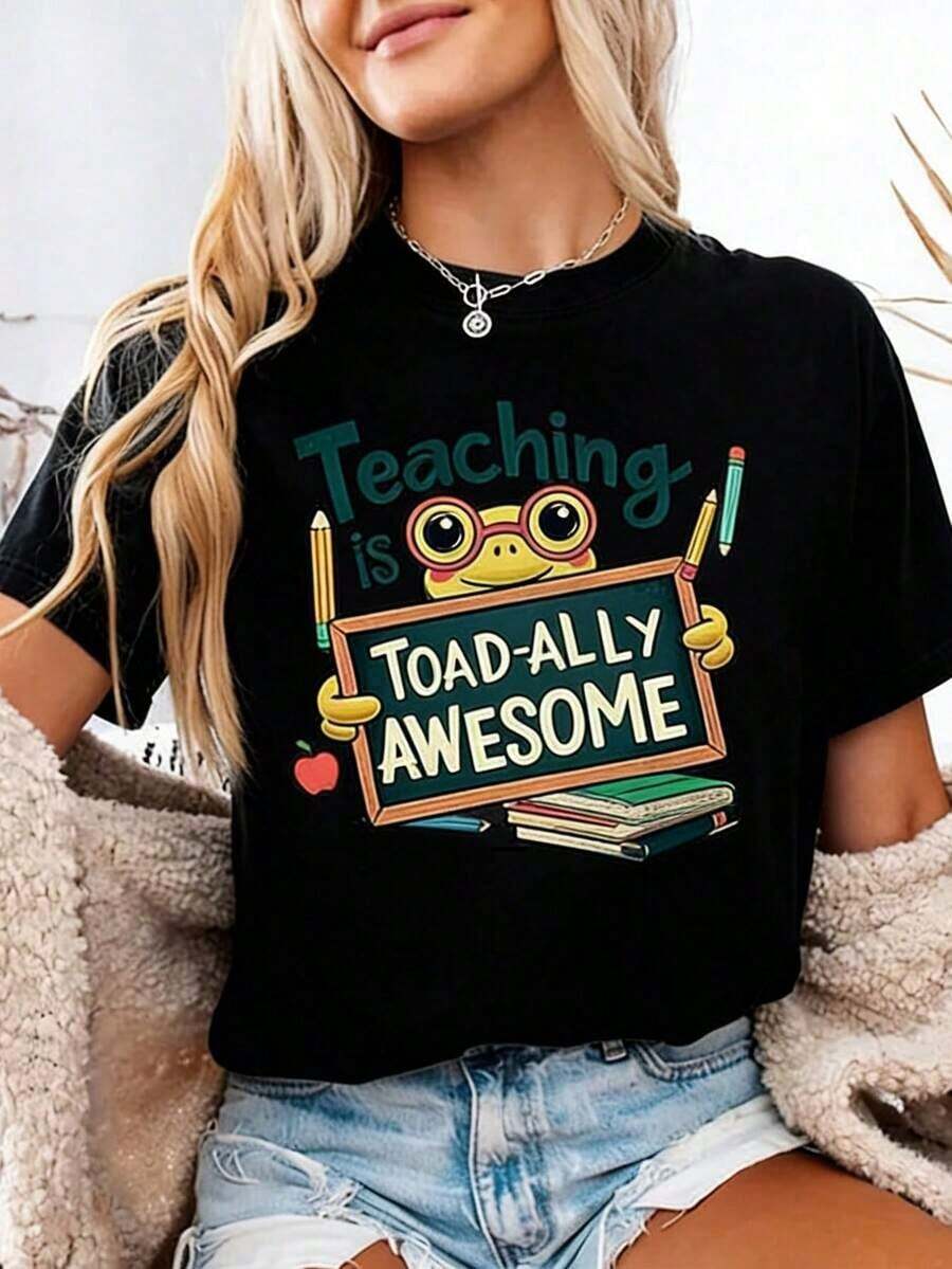 Camiseta de Regreso a Clases, Camiseta Genial "La Enseñanza es Toad-Ally", Regalo para Maestros, Camiseta Divertida de Rana, Agradecimiento al Maestro, Camisetas Gráficas Unisex, Camiseta Divertida - Negro - Ver 1