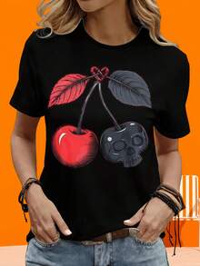Women's Cotton T-Shirts, Two-Tone Short-Sleeved T-Shirt In Black And White For Women, 220g, Skull And Cherry Design, Graphic T-Shirt, Fashion Top, Casual Wear, For Leisure, Outdoor Activities, Holidays, Parties, Gift. - 黑色 - 查看 5