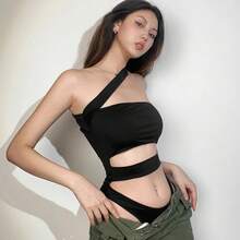 Mono Sexy con diseño de nicho calado para mujer, ropa picante de estilo europeo para niñas, Top de deconstrucción con cuello colgante y hombros cruzados - Gris - Ver 3