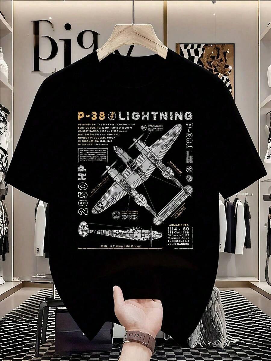 Camiseta Gráfica Vintage para Hombre con Diseño de Aviones de Combate P-38 Lightning & Spitfire - Camiseta Negra con Temática de Pilotos, Camiseta de Tejido de Punto para Todas las Temporadas para Entusiastas de la Aviación y Amantes de la Historia - Ropa Casual de Cuello Redondo, Camisetas Vintage, Moda Histórica, Ropa Casual Duradera, Atuendo Diario, Diseño Retro, Ajuste Cómodo, Camiseta Estampada, para Entusiastas Militares - Negro - Ver 1