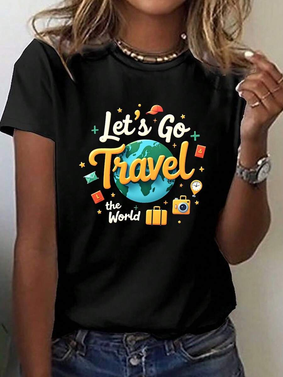 Women's Global Travel Theme T-Shirt - Short Sleeve Crew Neck T-Shirt With Prints Of The Eiffel Tower, Statue Of Liberty And Sydney Opera House - Casual Spring/Summer T-Shirt For Travelers. - 黑色 - 查看 1