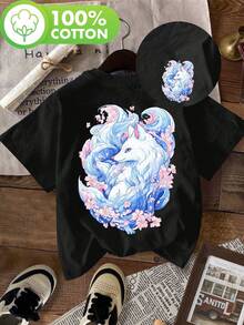 Double-Sided Pink Cherry Blossoms Surrounding A Blue Nine-Tailed Fo, 100% Printed T-Shirt Featuring An Ethereal And Whimsical  Fo With Waves Of Cherry Blossoms, Short Sleeve, Crew Neck, Casual Top For Summer And Spring, Wo's Clothing, Loose And Comfortable. - Back - View 1