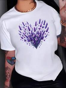 Ramo de lavandas violetas formando un corazón simboliza calma serenidad amor y energía natural ideal para transmitir armonía y delicadeza camiseta de mujer casual moderna cómoda y suave - Blanco - Ver 8