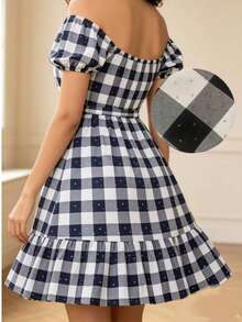 Casual Short Dress With Front Buttons, Long Sleeves, And A Plaid Print. - 白色 - 查看 4