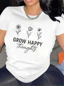 100% Cotton Polyester Short Sleeve T-Shirt With Floral Design "Grow Happy Thoughts", Lightweight And Durable For Casual Wear At Home, Office Or Cafe, White Print On Black Fabric, Comfortable Fit For Everyday Wear - 白色 - 查看 6