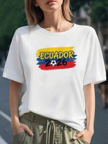 Bandera tricolor de Ecuador con un balón de fútbol y el número 2026 que simboliza pasión nacional y energía deportiva camiseta para mujer 100% algodón de gran comodidad y estilo casual - Negro - Ver 6