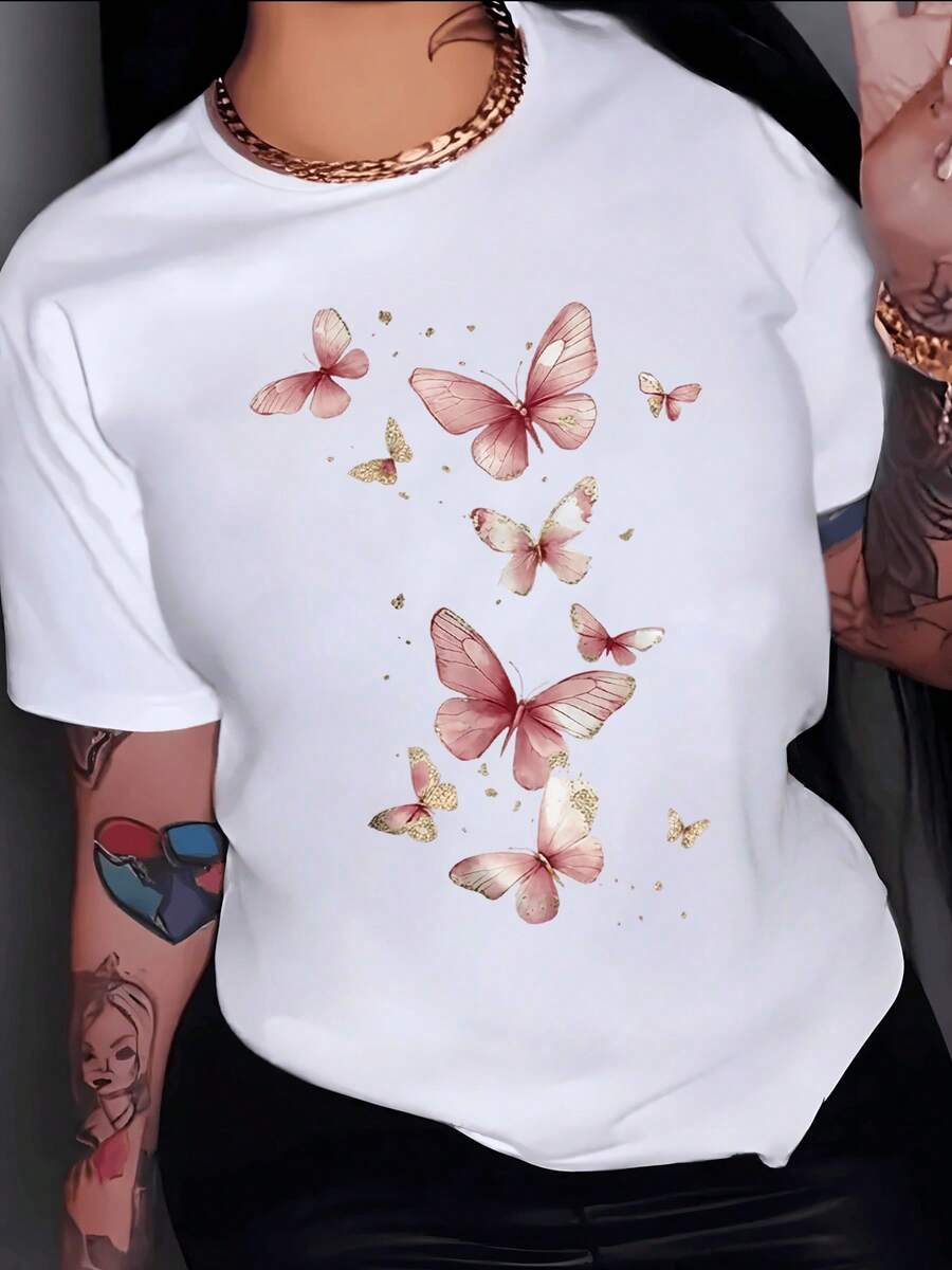 Pink Butterflies Symbolizing Freedom, Transformation, And Inner Beauty, Surrounded By Golden Sparkles, Conveying Serenity And Hope In Every Detail. A Modern, Comfortable, Casual Women's T-Shirt For Everyday Wear. - 白色 - 查看 1