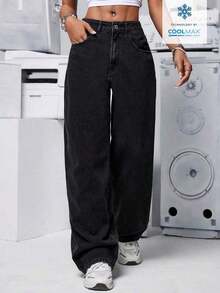 Jeans de mezclilla casuales y diarios de color liso para mujeres - Negro 2 - Ver 1