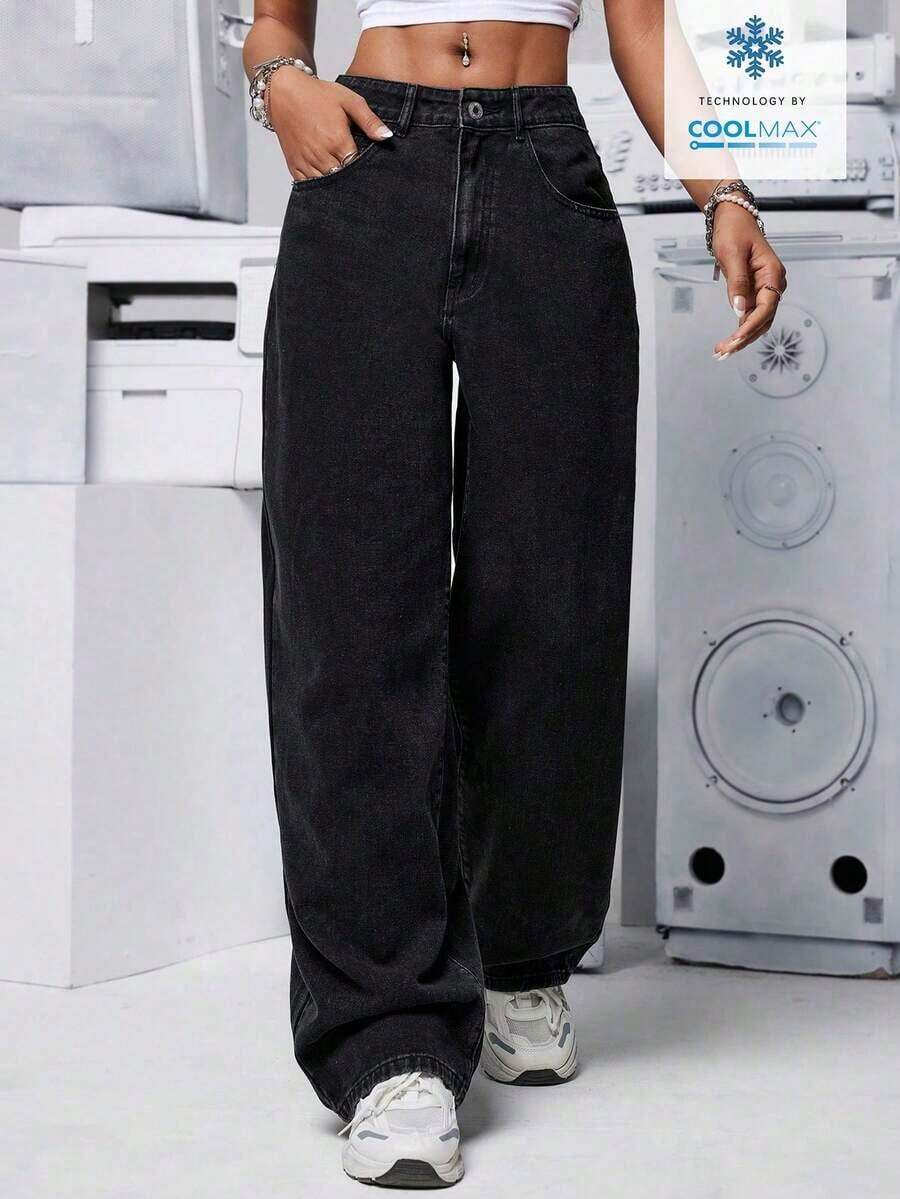 Jeans de mezclilla casuales y diarios de color liso para mujeres - Negro 2 - Ver 1