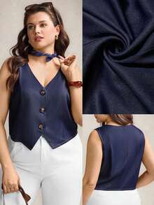 Blusa casual de mujer talla grande de cuello en V de una sola hilera con rayas y sin mangas - Azul marino - Ver 9