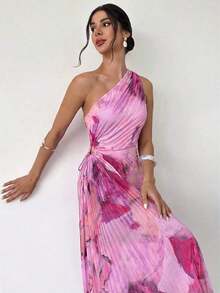 Vestido de mujer nuevo con estampado de teñido anudado asimétrico, cintura hueca, volantes en el bajo y un solo hombro, vestido elegante y romántico para citas y vacaciones, vestido de verano para mujer, tono de color suave, adecuado para atuendo de playa - Rosa Pálido - Ver 7