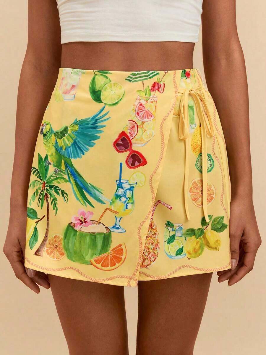 Pantalones Cortos de Playa Estilo Bohemio Casual para Vacaciones con Cintura de Lazo y Volantes para Mujer, Ropa de Otoño para Mujer, Ropa Tropical para Vacaciones, Conjuntos Bohemios, Conjuntos Estilo Ibiza, Estilo Occidental - Amarillo claro - Ver 1