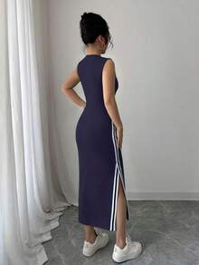 Vestido largo con abertura lateral decorativa de cinta bicolor negro y blanco de cuello redondo para mujeres - Azul marino - Ver 2